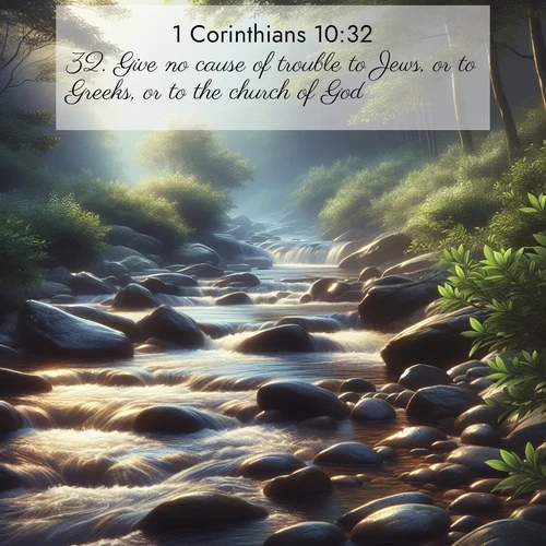 BBE 1 Corinthians 10:32 overlaying nature image scene: A mountain stream tumbles over smooth rocks between banks of mountain laurel.;32. Give no cause of trouble to Jews, or to Greeks, or to the church of God.

