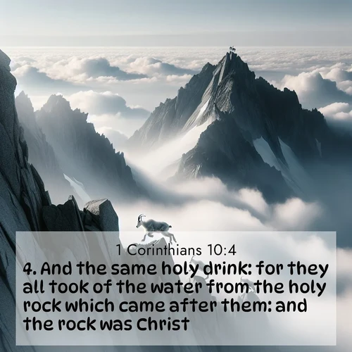 BBE 1 Corinthians 10:4 overlaying nature image scene: Mountain goats navigate impossible peaks. Clouds swirl beneath their sure feet.;4. And the same holy drink: for they all took of the water from the holy rock which came after them: and the rock was Christ.