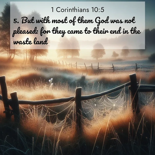 BBE 1 Corinthians 10:5 overlaying nature image scene: Morning frost coats spider webs stretched between fence posts in a country meadow.;5. But with most of them God was not pleased: for they came to their end in the waste land.