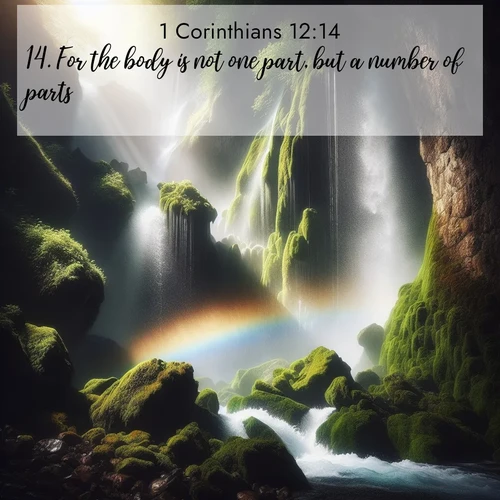 BasicEnglish 1 Corinthians  ; image nature: image with the bible verse :For the body is not one part, but a number of parts. ; Discover Bible images illustrated by desert landscapes, like sand dunes, majestic rocks, and starry skies. These images symbolize the grandeur and immensity of God&#039;s creation. Download verses like KJV 1 Corinthians 12:14. Current verse is overlayed with the thematic nature scene : A waterfall thunders through ancient moss-covered rocks while rainbow mist rises where water meets stone. ; 12:14