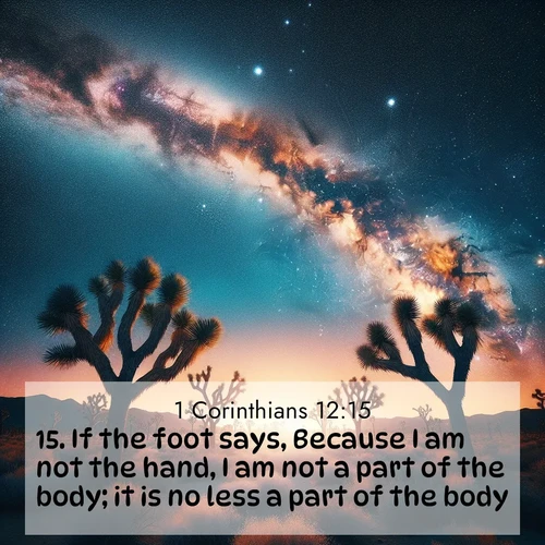 BasicEnglish 1 Corinthians  ; image nature: image with the bible verse :If the foot says, Because I am not the hand, I am not a part of the body; it is no less a part of the body. ; Dive into our collection of Bible verse images combined with sublime nature photos, such as graceful waterfalls, radiant sunsets, and endless meadows. These compositions highlight the peace and harmony of God&#039;s creation with vivid colors and carefully integrated text. Download and share verses like KJV 1 Corinthians 12:15. Current verse is overlayed with the thematic nature scene : Joshua trees reach twisted arms to desert stars. The Milky Way arcs overhead like a river of light. ; 12:15