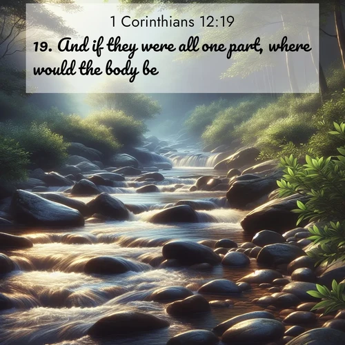 BasicEnglish 1 Corinthians  ; image nature: image with the bible verse :And if they were all one part, where would the body be? ; Explore a collection of Bible verses paired with springtime scenes, featuring blooming flowers, lush meadows, and trees in full bloom. These images symbolize divine renewal and hope. Download inspiring verses like KJV 1 Corinthians 12:19. Current verse is overlayed with the thematic nature scene : A mountain stream tumbles over smooth rocks between banks of mountain laurel. ; 12:19