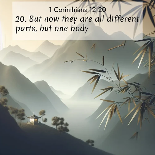 BasicEnglish 1 Corinthians  ; image nature: image with the bible verse :But now they are all different parts, but one body. ; Explore a collection of inspiring Bible verse images accompanied by winter photos, such as snowy landscapes, frosted trees, and frozen lakes. These images reflect the peace and purity of God&#039;s creation, with elegant fonts and luminous colors. Download and share verses like KJV 1 Corinthians 12:20. Current verse is overlayed with the thematic nature scene : Bamboo leaves whisper secrets in mountain wind. A temple bell rings in the distance. ; 12:20