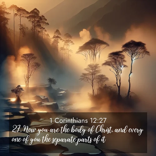 BasicEnglish 1 Corinthians  ; image nature: image with the bible verse :Now you are the body of Christ, and every one of you the separate parts of it. ; Discover our unique collection of Bible verse images integrated with photos showcasing the majesty of nature, such as rocky mountains, ancient trees, and crystal-clear lakes. These images feature luminous colors and text in varied fonts, reflecting the harmony of God&#039;s creation. Download verses like KJV 1 Corinthians 12:27. Current verse is overlayed with the thematic nature scene : Morning mist rises from thermal pools. Steam dragons dance in golden light. ; 12:27