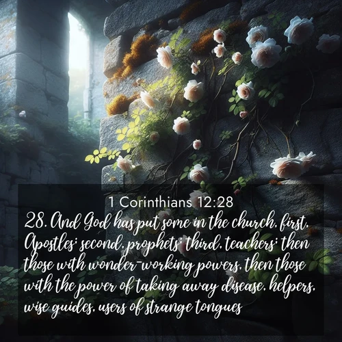 BasicEnglish 1 Corinthians  ; image nature: image with the bible verse :And God has put some in the church, first, Apostles; second, prophets; third, teachers; then those with wonder-working powers, then those with the power of taking away disease, helpers, wise guides, users of strange tongues. ; Discover beautiful Bible verse images enriched with natural landscapes, from serene beaches to cascading waterfalls. All images are free and ready to download. Share verses such as KJV 1 Corinthians 12:28. Current verse is overlayed with the thematic nature scene : Wild roses climb abandoned stone walls. Time stands still in the secret garden. ; 12:28