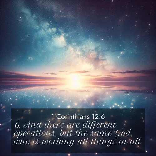 BasicEnglish 1 Corinthians  ; image nature: image with the bible verse :And there are different operations, but the same God, who is working all things in all. ; Discover beautiful Bible verse images enriched with natural landscapes, from serene beaches to cascading waterfalls. All images are free and ready to download. Share verses such as KJV 1 Corinthians 12:6. Current verse is overlayed with the thematic nature scene : Stars reflect perfectly in the salt flats after rainfall. The horizon disappears in the mirror-like expanse. ; 12:6