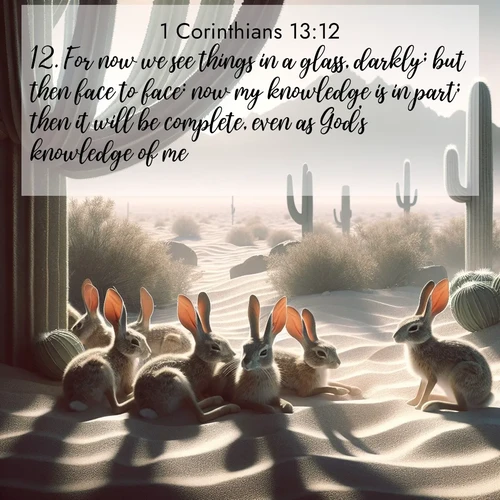 BasicEnglish 1 Corinthians  ; image nature: image with the bible verse :For now we see things in a glass, darkly; but then face to face: now my knowledge is in part; then it will be complete, even as God&#039;s knowledge of me. ; Explore Bible verses combined with serene beach photos, desert dunes, and infinite skies, highlighting God&#039;s majesty in every landscape. Download and share inspiring verses like KJV 1 Corinthians 13:12. Current verse is overlayed with the thematic nature scene : Desert jackrabbits rest in cactus shade. Heat waves distort distant peaks. ; 13:12