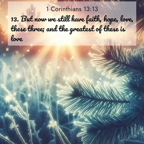 BasicEnglish 1 Corinthians  ; image nature: image with the bible verse :But now we still have faith, hope, love, these three; and the greatest of these is love. ; Dive into our collection of Bible verses paired with breathtaking desert landscapes, featuring infinite dunes, shaded oases, and desert sunsets. These images highlight the majestic grandeur of God&#039;s creation. Download and share verses like KJV 1 Corinthians 13:13. Current verse is overlayed with the thematic nature scene : Morning frost rimes every needle. Weak sun struggles through branches. ; 13:13