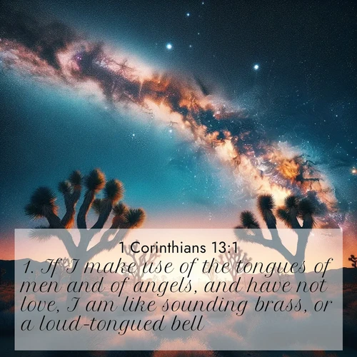 BasicEnglish 1 Corinthians  ; image nature: image with the bible verse :If I make use of the tongues of men and of angels, and have not love, I am like sounding brass, or a loud-tongued bell. ; Browse our collection of Bible verses paired with captivating photos of God’s creation, like crystal-clear lakes, majestic cliffs, and colorful skies. All images are free for download and sharing. Verse examples include KJV 1 Corinthians 13:1. Current verse is overlayed with the thematic nature scene : Joshua trees reach twisted arms to desert stars. The Milky Way arcs overhead like a river of light. ; 13:1