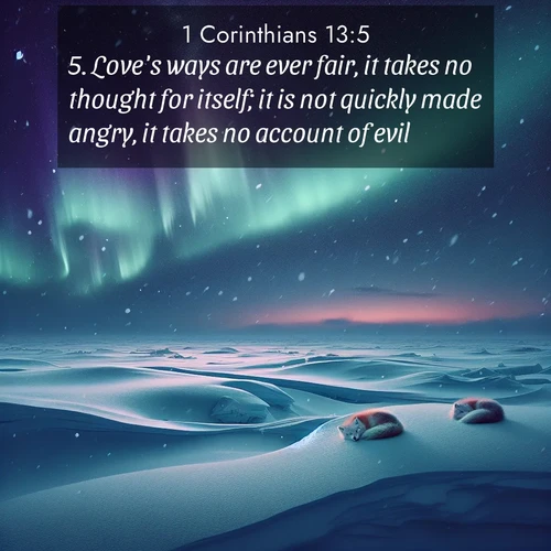 BasicEnglish 1 Corinthians  ; image nature: image with the bible verse :Love&#039;s ways are ever fair, it takes no thought for itself; it is not quickly made angry, it takes no account of evil; ; Download stunning Bible verse images paired with nature scenes like rolling clouds, sparkling waters, and vibrant flower fields. These free images are perfect for spiritual reflection or wallpaper use. Share KJV 1 Corinthians 13:5. Current verse is overlayed with the thematic nature scene : Northern lights dance across the frozen tundra in ribbons of green and purple. Snow falls silently on sleeping arctic foxes. ; 13:5