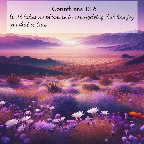 BasicEnglish 1 Corinthians  ; image nature: image with the bible verse :It takes no pleasure in wrongdoing, but has joy in what is true; ; Admire our autumnal collection of Bible verse images accompanied by photos of paths lined with red and yellow leaves, fiery forests, and calm rivers. These images inspire reflection and serenity. Share verses like KJV 1 Corinthians 13:6. Current verse is overlayed with the thematic nature scene : Desert wildflowers carpet Death Valley after winter rains. Mountains fade to purple on the horizon. ; 13:6