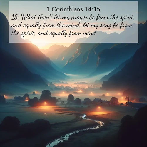 BBE 1 Corinthians 14:15 overlaying nature image scene: Morning mist rises from valley streams. Birdsong heralds the dawn chorus.;15. What then? let my prayer be from the spirit, and equally from the mind; let my song be from the spirit, and equally from mind.