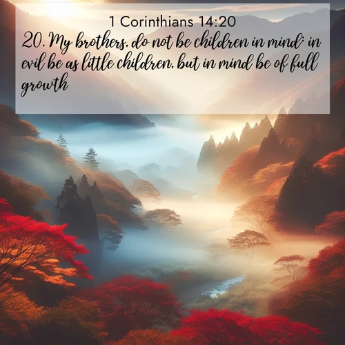 BBE 1 Corinthians 14:20 overlaying nature image scene: Autumn mist rises from a valley dotted with red and gold maples.;20. My brothers, do not be children in mind: in evil be as little children, but in mind be of full growth.
