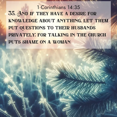 BasicEnglish 1 Corinthians  ; image nature: image with the bible verse :And if they have a desire for knowledge about anything, let them put questions to their husbands privately: for talking in the church puts shame on a woman. ; Explore our vast collection of images featuring beautifully illustrated Bible verses accompanied by nature photos. Discover inspiring and motivating verses paired with soothing landscapes, like shimmering lakes, majestic mountains, and lush forests. Our images highlight the peaceful beauty of God&#039;s creation with vibrant colors and varied fonts. Download and share verse images like KJV 1 Corinthians 14:35. Current verse is overlayed with the thematic nature scene : Morning frost rimes every needle. Weak sun struggles through branches. ; 14:35