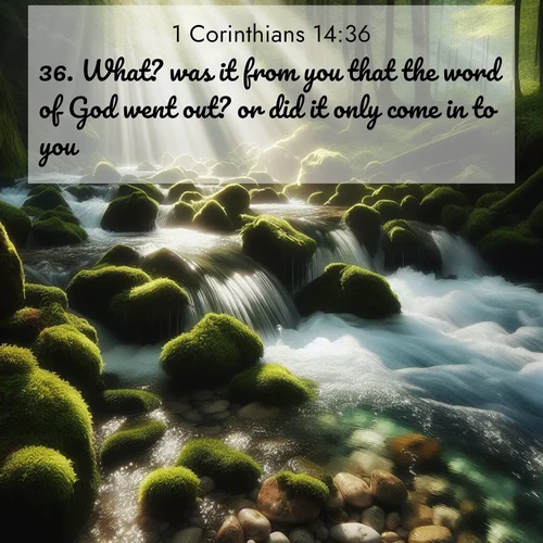 BBE 1 Corinthians 14:36 overlaying nature image scene: A mountain stream tumbles through moss-covered stones. Sunlight dapples the crystal-clear water.;36. What? was it from you that the word of God went out? or did it only come in to you?