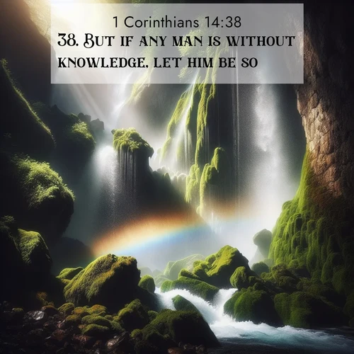 BBE 1 Corinthians 14:38 overlaying nature image scene: A waterfall thunders through ancient moss-covered rocks while rainbow mist rises where water meets stone.;38. But if any man is without knowledge, let him be so.