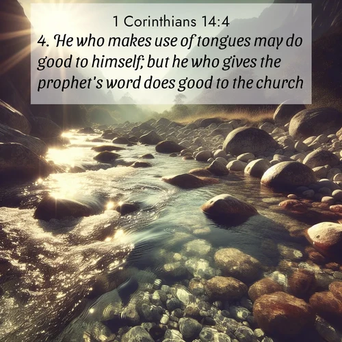 BBE 1 Corinthians 14:4 overlaying nature image scene: Mountain streams sing ancient songs. Sunlight dances through clear pools.;4. He who makes use of tongues may do good to himself; but he who gives the prophet's word does good to the church.
