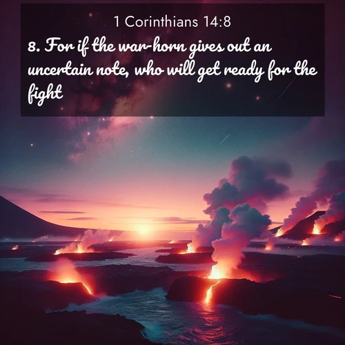 BBE 1 Corinthians 14:8 overlaying nature image scene: Lava flows meet the ocean at twilight, sending plumes of steam skyward. Stars emerge one by one above the cosmic display.;8. For if the war-horn gives out an uncertain note, who will get ready for the fight?