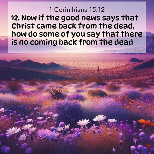 BasicEnglish 1 Corinthians  ; image nature: image with the bible verse :Now if the good news says that Christ came back from the dead, how do some of you say that there is no coming back from the dead? ; Browse a gallery of Bible verses paired with summer scenes, such as golden wheat fields, bright skies, and sunny beaches. These images convey the joy and warmth of God&#039;s creation. Download and share verses like KJV 1 Corinthians 15:12. Current verse is overlayed with the thematic nature scene : Desert wildflowers carpet Death Valley after winter rains. Mountains fade to purple on the horizon. ; 15:12