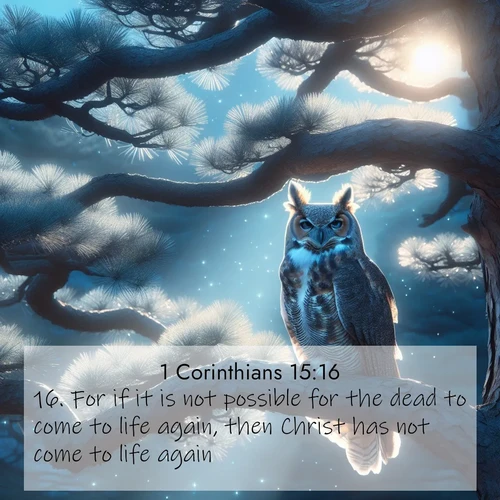 BasicEnglish 1 Corinthians  ; image nature: image with the bible verse :For if it is not possible for the dead to come to life again, then Christ has not come to life again: ; Explore a rich collection of Bible verse images beautifully illustrated by natural landscapes, such as colorful skies, towering mountains, and tranquil rivers. The images highlight the serenity of God&#039;s creation with vivid tones and carefully chosen typography. Download and share inspiring verses like KJV 1 Corinthians 15:16. Current verse is overlayed with the thematic nature scene : A great horned owl watches from ancient pine branches. Moonlight silvers its silent wings. ; 15:16