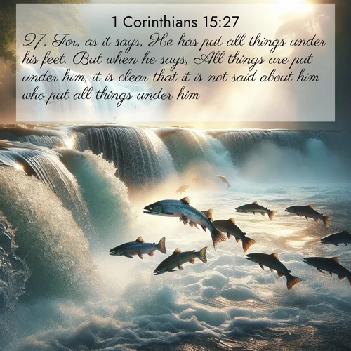 BasicEnglish 1 Corinthians  ; image nature: image with the bible verse :For, as it says, He has put all things under his feet. But when he says, All things are put under him, it is clear that it is not said about him who put all things under him. ; Discover Bible images illustrated by desert landscapes, like sand dunes, majestic rocks, and starry skies. These images symbolize the grandeur and immensity of God&#039;s creation. Download verses like KJV 1 Corinthians 15:27. Current verse is overlayed with the thematic nature scene : Wild salmon leap ancient waterfalls. Mist rises like spirits in morning light. ; 15:27