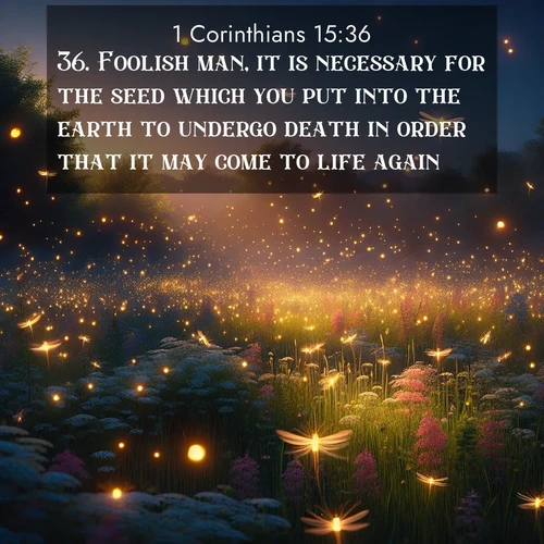BasicEnglish 1 Corinthians  ; image nature: image with the bible verse :Foolish man, it is necessary for the seed which you put into the earth to undergo death in order that it may come to life again: ; Explore a spring collection of Bible images, with landscapes of green hills, wildflowers, and crystal-clear streams. These images symbolize the blossoming of God&#039;s creation. Download verses like KJV 1 Corinthians 15:36. Current verse is overlayed with the thematic nature scene : Fireflies dance above a spring meadow filled with singing crickets. ; 15:36