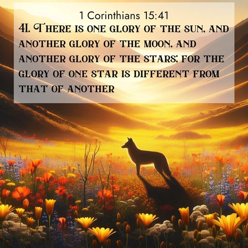 BasicEnglish 1 Corinthians  ; image nature: image with the bible verse :There is one glory of the sun, and another glory of the moon, and another glory of the stars; for the glory of one star is different from that of another. ; Dive into our collection of Bible verse images beautifully illustrated with beach photos, featuring gentle waves, sunsets over the sea, and sandy shores. These scenes evoke the peace and majesty of God. Download and share inspiring verses like KJV 1 Corinthians 15:41. Current verse is overlayed with the thematic nature scene : Spring wildflowers carpet Death Valley in gold. A coyote&#039;s silhouette melts into the blooms. ; 15:41