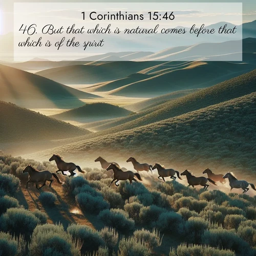 BasicEnglish 1 Corinthians  ; image nature: image with the bible verse :But that which is natural comes before that which is of the spirit. ; Admire Bible verse images illustrated by desert scenes, such as sunsets over dunes, majestic rocks, and solitary cacti. These images capture the majesty of God in arid places. Download and share verses like KJV 1 Corinthians 15:46. Current verse is overlayed with the thematic nature scene : Wild mustangs gallop across sage-covered hills in the morning light. ; 15:46