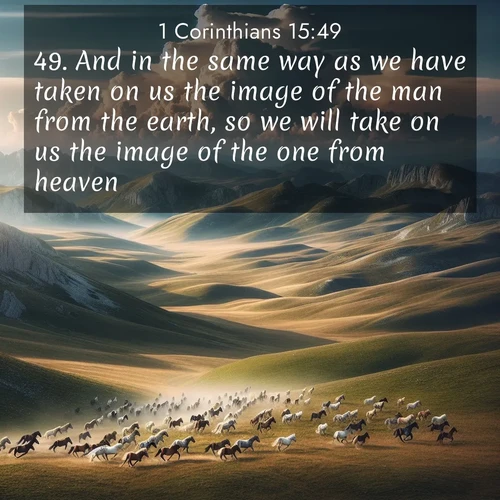 BasicEnglish 1 Corinthians  ; image nature: image with the bible verse :And in the same way as we have taken on us the image of the man from the earth, so we will take on us the image of the one from heaven. ; Discover Bible images capturing the essence of autumn, with wooded paths, golden fields, and swirling leaves. These scenes reflect the changing beauty of God&#039;s creation. Download verses like KJV 1 Corinthians 15:49. Current verse is overlayed with the thematic nature scene : Wild horses gallop across a high mountain plateau. Storm clouds gather ominously on the horizon. ; 15:49