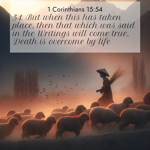 BasicEnglish 1 Corinthians  ; image nature: image with the bible verse :But when this has taken place, then that which was said in the Writings will come true, Death is overcome by life. ; Download inspiring Bible verse images featuring stunning natural vistas, from tropical islands to rolling hills. These free images make perfect wallpapers or gifts. Share verses like KJV 1 Corinthians 15:54. Current verse is overlayed with the thematic nature scene : A shepherd guides his flock home. Sunset paints wool golden red. ; 15:54