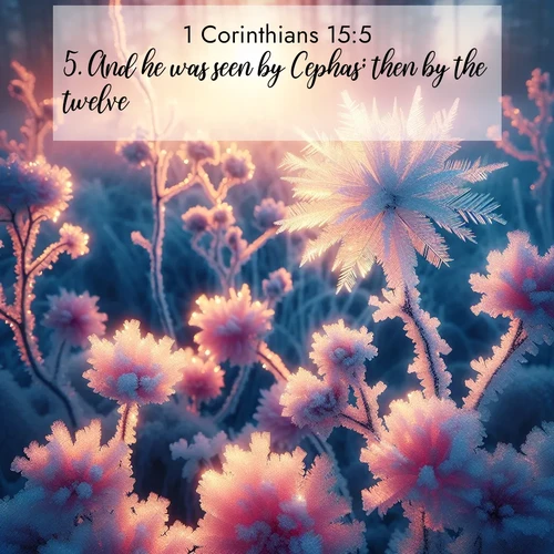 BasicEnglish 1 Corinthians  ; image nature: image with the bible verse :And he was seen by Cephas; then by the twelve; ; Dive into our collection of Bible verses paired with coastal scenes, featuring calming waves, infinite beaches, and reflections of the sun on the water. These images evoke the peace and beauty of God. Share verses like KJV 1 Corinthians 15:5. Current verse is overlayed with the thematic nature scene : Morning light reveals frost flowers. Rainbow crystals bloom on bare branches. ; 15:5