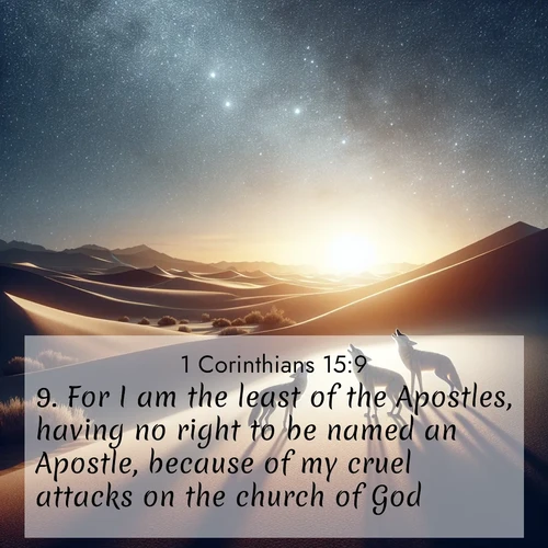 BasicEnglish 1 Corinthians  ; image nature: image with the bible verse :For I am the least of the Apostles, having no right to be named an Apostle, because of my cruel attacks on the church of God. ; Dive into our collection of Bible verses paired with breathtaking desert landscapes, featuring infinite dunes, shaded oases, and desert sunsets. These images highlight the majestic grandeur of God&#039;s creation. Download and share verses like KJV 1 Corinthians 15:9. Current verse is overlayed with the thematic nature scene : Desert coyotes sing to stars. Their voices echo through time. ; 15:9