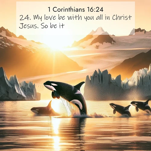 BasicEnglish 1 Corinthians  ; image nature: image with the bible verse :My love be with you all in Christ Jesus. So be it. ; Download inspiring Bible verse images featuring stunning natural vistas, from tropical islands to rolling hills. These free images make perfect wallpapers or gifts. Share verses like KJV 1 Corinthians 16:24. Current verse is overlayed with the thematic nature scene : Wild orcas breach in sunset-painted waters. Their splashes echo off glacier walls. ; 16:24