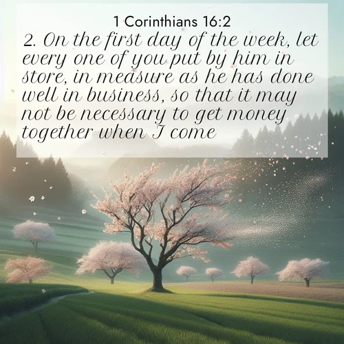 BasicEnglish 1 Corinthians  ; image nature: image with the bible verse :On the first day of the week, let every one of you put by him in store, in measure as he has done well in business, so that it may not be necessary to get money together when I come. ; Admire Bible images representing autumn, with swirling leaves, misty skies, and vibrant trees. These images inspire profound spiritual reflection. Download and share verses like KJV 1 Corinthians 16:2. Current verse is overlayed with the thematic nature scene : Spring winds scatter cherry blossoms like snow. ; 16:2
