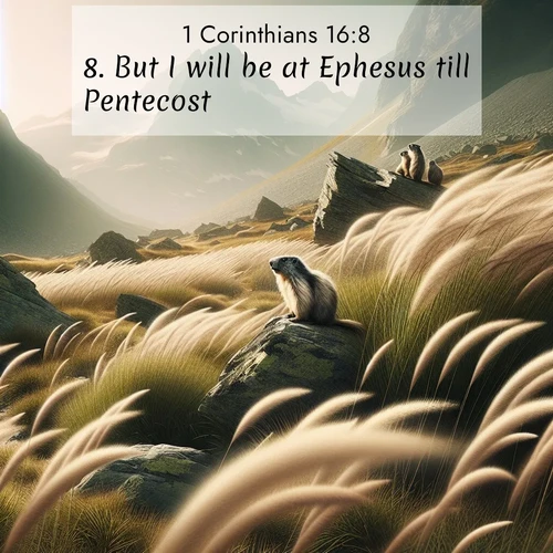BasicEnglish 1 Corinthians  ; image nature: image with the bible verse :But I will be at Ephesus till Pentecost; ; Download Bible verse images featuring vibrant photos of nature, from snowy landscapes to golden deserts. These free images are perfect for phone wallpapers, desktop backgrounds, or sharing. Verses include KJV 1 Corinthians 16:8. Current verse is overlayed with the thematic nature scene : Mountain meadow grasses bend in alpine wind. Marmots whistle warnings from rocky outcrops. ; 16:8