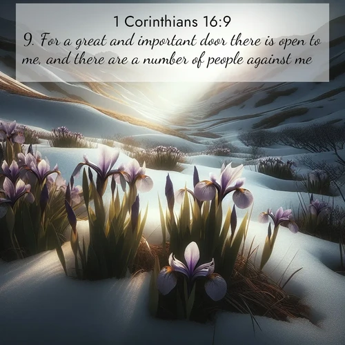 BasicEnglish 1 Corinthians  ; image nature: image with the bible verse :For a great and important door there is open to me, and there are a number of people against me. ; Access a vast collection of Bible verse images illustrated with natural landscapes like calm rivers, blooming fields, and bright horizons. These images emphasize the serenity and splendor of God&#039;s creation, accompanied by aesthetic fonts and joyful colors. Download verses like KJV 1 Corinthians 16:9 and share them. Current verse is overlayed with the thematic nature scene : Wild irises pierce winter&#039;s last snow. Alpine light sets their petals ablaze. ; 16:9