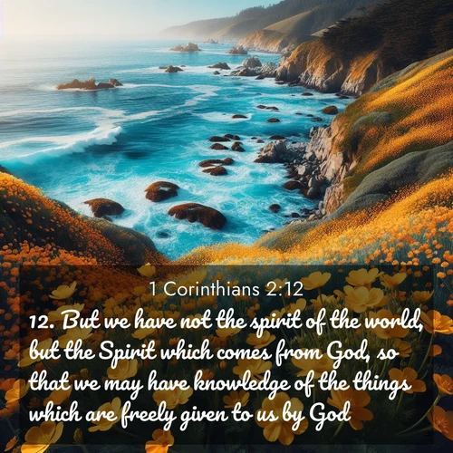 BBE 1 Corinthians 2:12 overlaying nature image scene: Wild mustard flowers carpet coastal cliffs. Pacific waves provide endless percussion below.;12. But we have not the spirit of the world, but the Spirit which comes from God, so that we may have knowledge of the things which are freely given to us by God.
