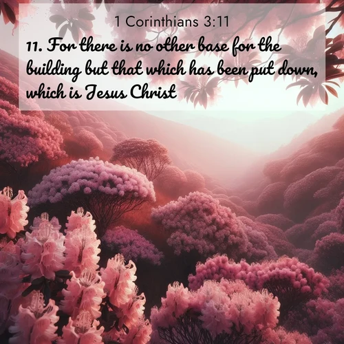 BasicEnglish 1 Corinthians  ; image nature: image with the bible verse :For there is no other base for the building but that which has been put down, which is Jesus Christ. ; Explore winter-themed Bible verse images illustrated by snowy mountains, frost-covered branches, and clear skies. These landscapes reflect divine purity and peace. Download verses like KJV 1 Corinthians 3:11. Current verse is overlayed with the thematic nature scene : Mountain laurel blooms paint hillsides pink. Spring breezes carry their honey scent. ; 3:11