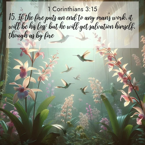 BasicEnglish 1 Corinthians  ; image nature: image with the bible verse :If the fire puts an end to any man&#039;s work, it will be his loss: but he will get salvation himself, though as by fire. ; Explore Bible verses paired with beach photos, where waves gently crash on the sand and the sky glows with pastel hues at sunset. These scenes convey deep serenity. Download verses like KJV 1 Corinthians 3:15. Current verse is overlayed with the thematic nature scene : Wild orchids bloom in rainforest canopy. Hummingbirds dance between delicate petals. ; 3:15