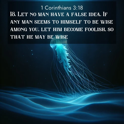 BasicEnglish 1 Corinthians  ; image nature: image with the bible verse :Let no man have a false idea. If any man seems to himself to be wise among you, let him become foolish, so that he may be wise. ; Discover Bible images illustrated by desert landscapes, like sand dunes, majestic rocks, and starry skies. These images symbolize the grandeur and immensity of God&#039;s creation. Download verses like KJV 1 Corinthians 3:18. Current verse is overlayed with the thematic nature scene : A lone jellyfish pulses through midnight waters. Its bioluminescent tendrils paint trails of azure light in the depths. ; 3:18