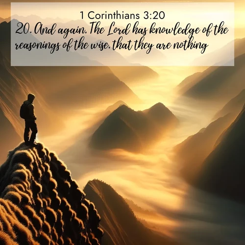 BasicEnglish 1 Corinthians  ; image nature: image with the bible verse :And again, The Lord has knowledge of the reasonings of the wise, that they are nothing. ; Explore our gallery of inspiring Bible verse images showcasing divine beauty through nature. Download scenic images like snowy peaks, lush meadows, or radiant sunsets paired with verses like KJV 1 Corinthians 3:20. Current verse is overlayed with the thematic nature scene : A solitary climber watches sunrise from a knife-edge ridge. Golden light spills into valleys of morning mist. ; 3:20