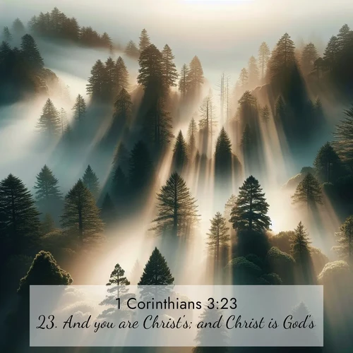 BasicEnglish 1 Corinthians  ; image nature: image with the bible verse :And you are Christ&#039;s; and Christ is God&#039;s. ; Download stunning Bible verse images paired with nature scenes like rolling clouds, sparkling waters, and vibrant flower fields. These free images are perfect for spiritual reflection or wallpaper use. Share KJV 1 Corinthians 3:23. Current verse is overlayed with the thematic nature scene : Coastal redwoods disappear into fog. Filtered sunlight creates divine rays. ; 3:23