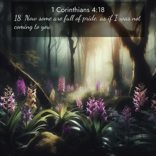 BasicEnglish 1 Corinthians  ; image nature: image with the bible verse :Now some are full of pride, as if I was not coming to you. ; Download stunning Bible verse images paired with nature scenes like rolling clouds, sparkling waters, and vibrant flower fields. These free images are perfect for spiritual reflection or wallpaper use. Share KJV 1 Corinthians 4:18. Current verse is overlayed with the thematic nature scene : Wild orchids bloom in forest shade. Filtered light reveals their grace. ; 4:18
