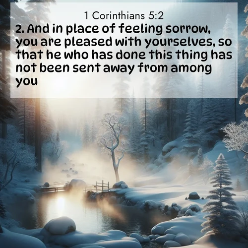 BBE 1 Corinthians 5:2 overlaying nature image scene: Morning mist rises from a hot spring in a snow-covered forest.;2. And in place of feeling sorrow, you are pleased with yourselves, so that he who has done this thing has not been sent away from among you.