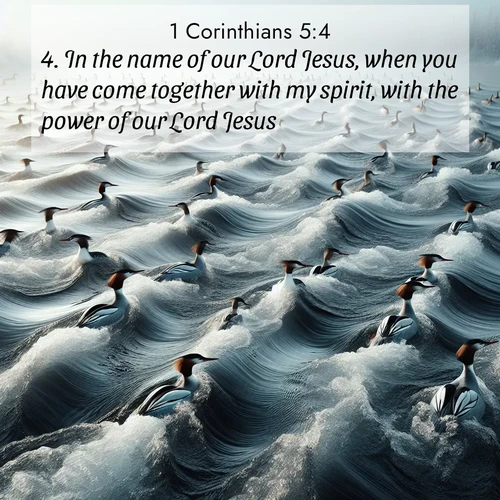 BBE 1 Corinthians 5:4 overlaying nature image scene: Wild mergansers ride river rapids. Their wakes create endless patterns.;4. In the name of our Lord Jesus, when you have come together with my spirit, with the power of our Lord Jesus,