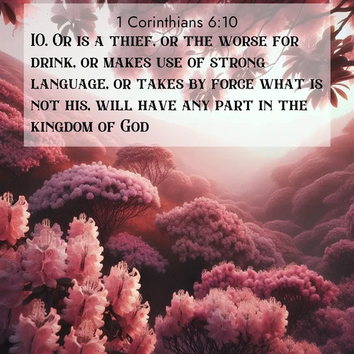 BasicEnglish 1 Corinthians  ; image nature: image with the bible verse :Or is a thief, or the worse for drink, or makes use of strong language, or takes by force what is not his, will have any part in the kingdom of God. ; Download stunning Bible verse images paired with nature scenes like rolling clouds, sparkling waters, and vibrant flower fields. These free images are perfect for spiritual reflection or wallpaper use. Share KJV 1 Corinthians 6:10. Current verse is overlayed with the thematic nature scene : Mountain laurel blooms paint hillsides pink. Spring breezes carry their honey scent. ; 6:10