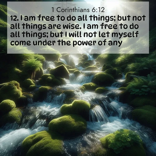 BasicEnglish 1 Corinthians  ; image nature: image with the bible verse :I am free to do all things; but not all things are wise. I am free to do all things; but I will not let myself come under the power of any. ; Browse a large collection of Bible verse images with photos showcasing the splendor of nature. Scenes of peaceful rivers, verdant valleys, and radiant skies enhance the inspiring verses. Each image reflects the serenity and joy of God&#039;s creation, with elegant text fonts. Download and share verses such as KJV 1 Corinthians 6:12. Current verse is overlayed with the thematic nature scene : Mountain streams tumble through moss. Sunlight creates crystal prisms. ; 6:12