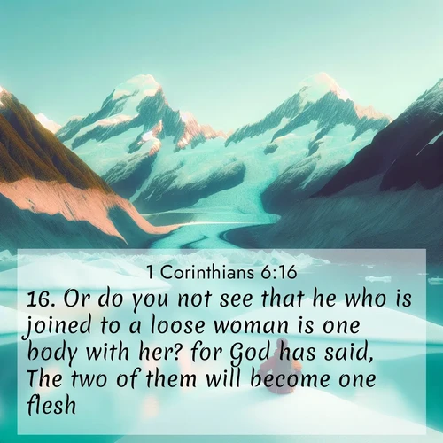 BasicEnglish 1 Corinthians  ; image nature: image with the bible verse :Or do you not see that he who is joined to a loose woman is one body with her? for God has said, The two of them will become one flesh. ; Explore a winter collection of Bible verse images adorned with photos of icy landscapes, frozen waterfalls, and snow-covered forests. These scenes capture divine tranquility and purity. Download inspiring verses like KJV 1 Corinthians 6:16. Current verse is overlayed with the thematic nature scene : An explorer rests beside glacier lakes. Turquoise waters mirror twin peaks. ; 6:16