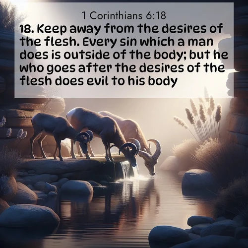 BasicEnglish 1 Corinthians  ; image nature: image with the bible verse :Keep away from the desires of the flesh. Every sin which a man does is outside of the body; but he who goes after the desires of the flesh does evil to his body. ; Dive into our collection of Bible verses paired with coastal scenes, featuring calming waves, infinite beaches, and reflections of the sun on the water. These images evoke the peace and beauty of God. Share verses like KJV 1 Corinthians 6:18. Current verse is overlayed with the thematic nature scene : Desert bighorns drink from hidden springs. Time flows like water through stone. ; 6:18