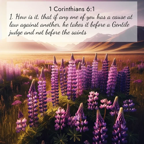 BasicEnglish 1 Corinthians  ; image nature: image with the bible verse :How is it, that if any one of you has a cause at law against another, he takes it before a Gentile judge and not before the saints? ; Explore free Bible verse images with stunning nature themes, including sunlit paths, forest clearings, and endless horizons. Perfect for desktop backgrounds or phone wallpapers. Verses include KJV 1 Corinthians 6:1. Current verse is overlayed with the thematic nature scene : Wild lupines paint purple meadows. Snow lingers on distant peaks. ; 6:1